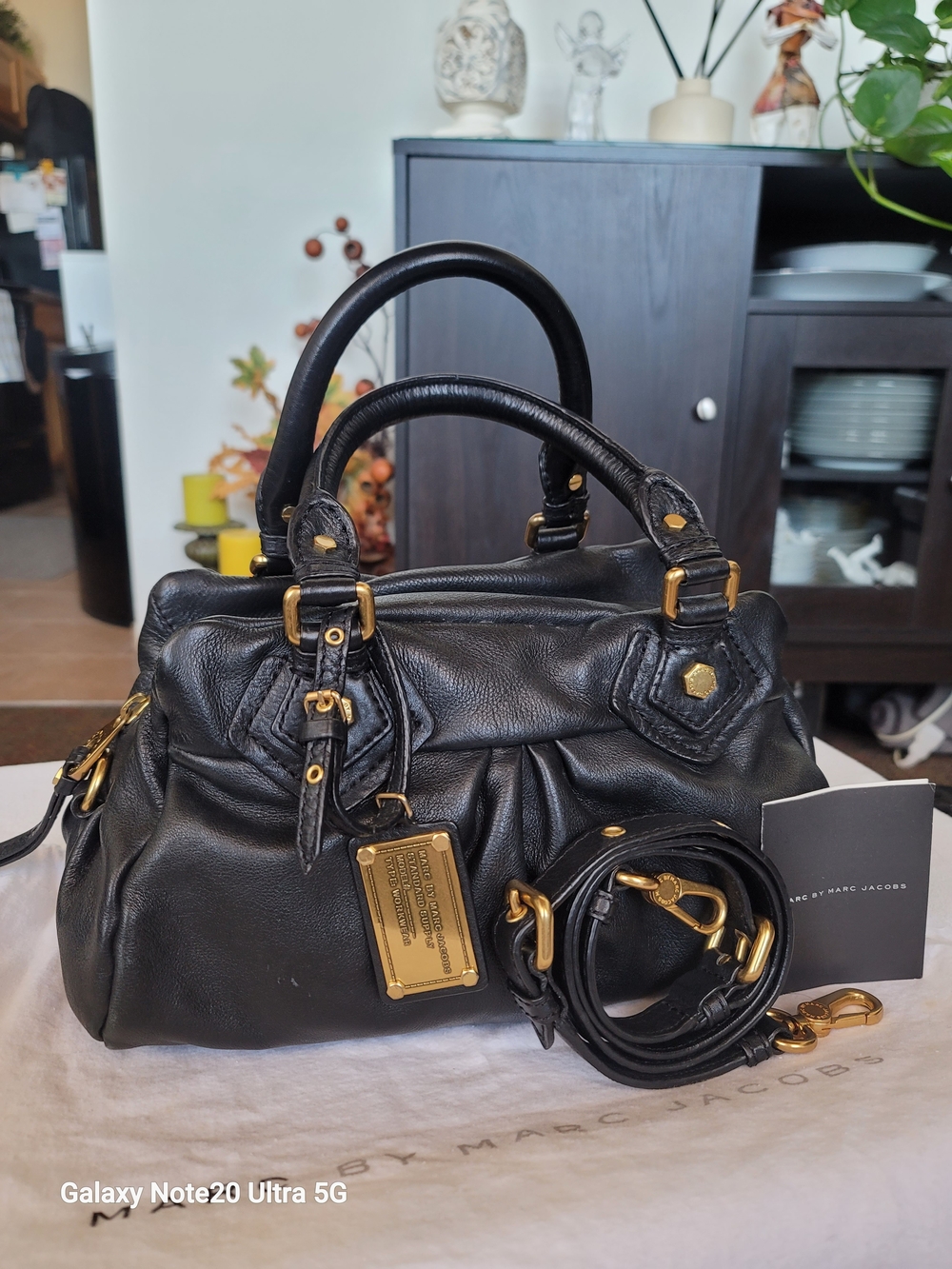 Marc Jacobs Black Leather Satchel with Gold Hardware